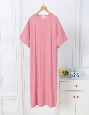 Stretchy Bamboo O Neck Short Sleeve Ribbed Women Nightgowns Short, Women Lounge Dress B014 Carnation Pink